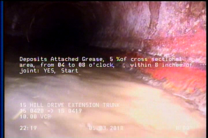 Deposits Attached Grease, 5 %of cross sectional area, from 04 to 08 o'clock, , within 8 inches of joint: YES, Start