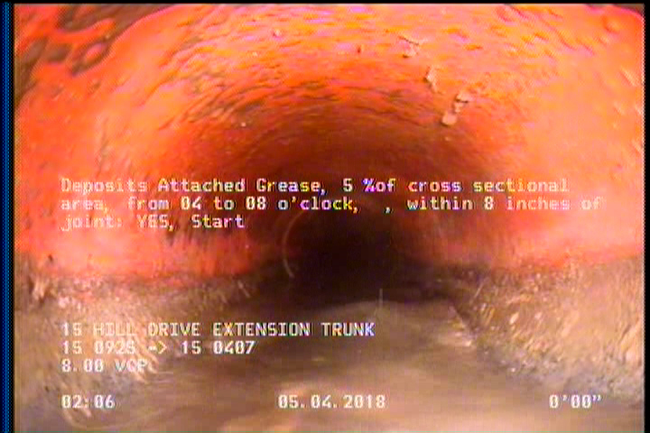 Deposits Attached Grease, 5 %of cross sectional area, from 04 to 08 o'clock, , within 8 inches of joint: YES, Start