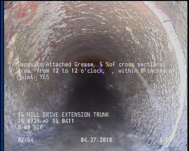 Deposits Attached Grease, 5 %of cross sectional area, from 12 to 12 o'clock, , within 8 inches of joint: YES