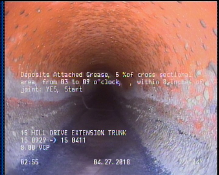 Deposits Attached Grease, 5 %of cross sectional area, from 03 to 09 o'clock, , within 8 inches of joint: YES, Start