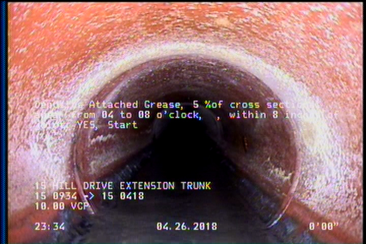 Deposits Attached Grease, 5 %of cross sectional area, from 04 to 08 o'clock, , within 8 inches of joint: YES, Start
