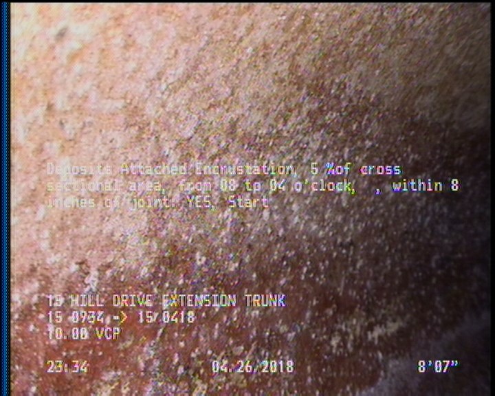 Deposits Attached Encrustation, 5 %of cross sectional area, from 08 to 04 o'clock, , within 8 inches of joint: YES, Start