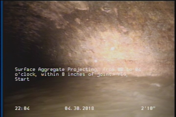 Surface Aggregate Projecting, from 08 to 04 o'clock, within 8 inches of joint: YES, Start