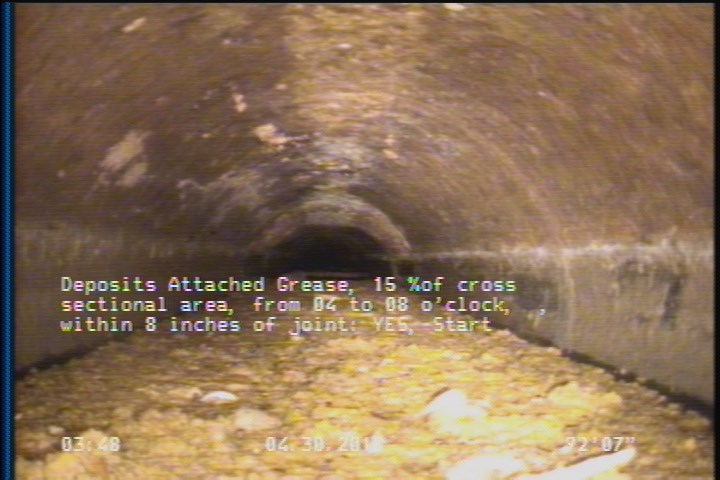 Deposits Attached Grease, 15 %of cross sectional area, from 04 to 08 o'clock, , within 8 inches of joint: YES, Start