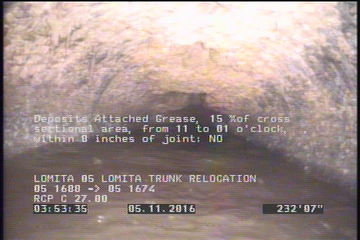 Deposits Attached Grease, 15 %of cross sectional area, from 11 to 01 o'clock, , within 8 inches of joint: NO