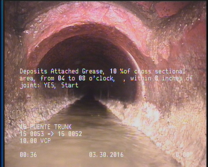 Deposits Attached Grease, 10 %of cross sectional area, from 04 to 08 o'clock, , within 8 inches of joint: YES, Start