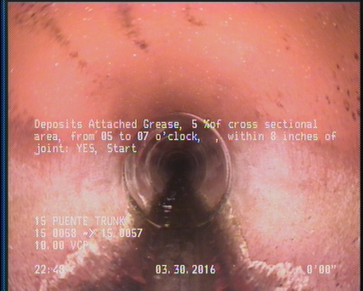 Deposits Attached Grease, 5 %of cross sectional area, from 05 to 07 o'clock, , within 8 inches of joint: YES, Start