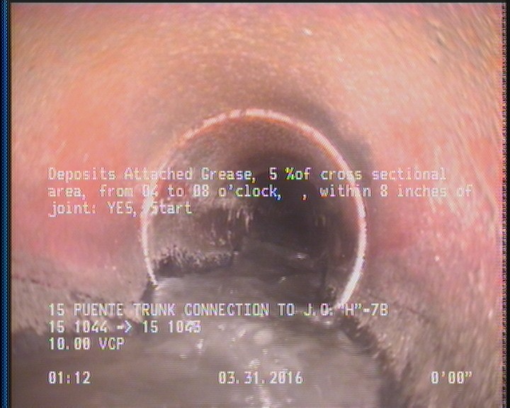 Deposits Attached Grease, 5 %of cross sectional area, from 04 to 08 o'clock, , within 8 inches of joint: YES, Start
