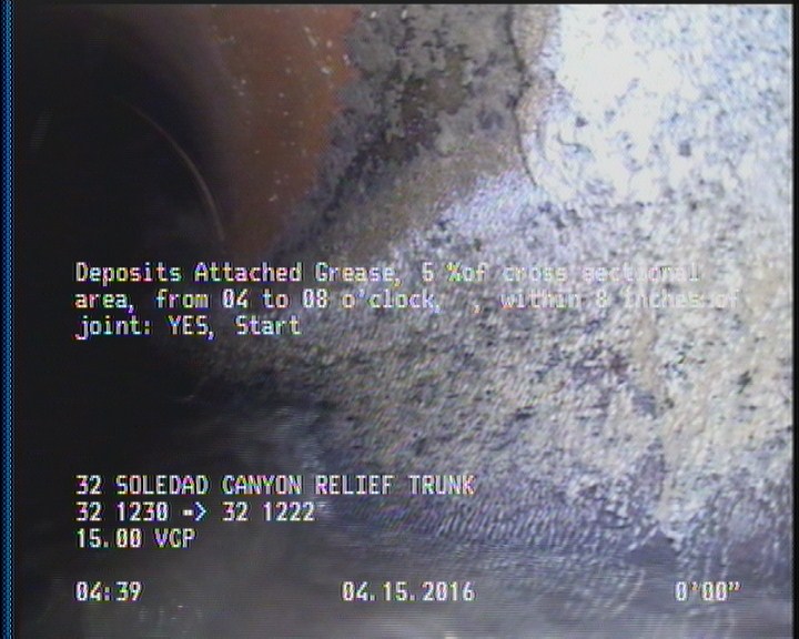 Deposits Attached Grease, 5 %of cross sectional area, from 04 to 08 o'clock, , within 8 inches of joint: YES, Start