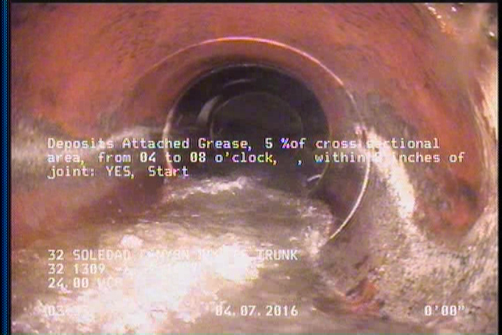 Deposits Attached Grease, 5 %of cross sectional area, from 04 to 08 o'clock, , within 8 inches of joint: YES, Start