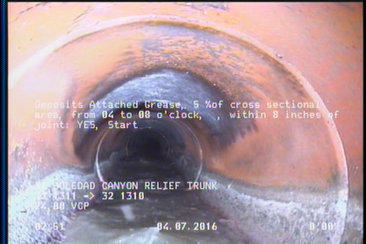 Deposits Attached Grease, 5 %of cross sectional area, from 04 to 08 o'clock, , within 8 inches of joint: YES, Start