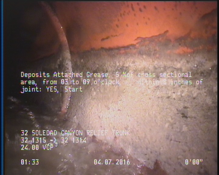 Deposits Attached Grease, 5 %of cross sectional area, from 03 to 09 o'clock, , within 8 inches of joint: YES, Start