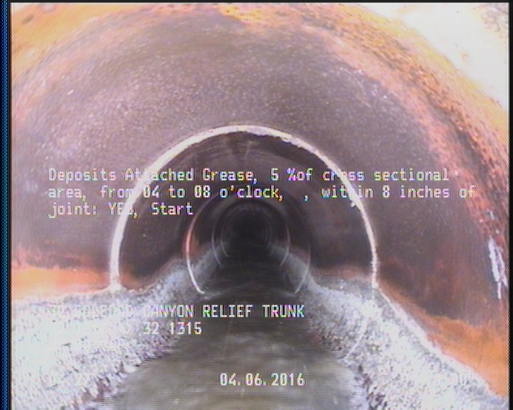 Deposits Attached Grease, 5 %of cross sectional area, from 04 to 08 o'clock, , within 8 inches of joint: YES, Start