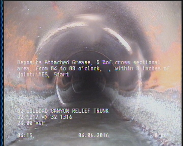 Deposits Attached Grease, 5 %of cross sectional area, from 04 to 08 o'clock, , within 8 inches of joint: YES, Start