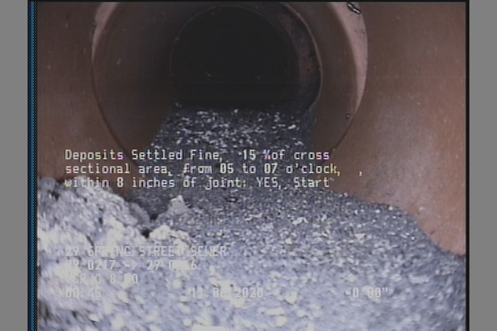 Deposits Settled Fine, 15 %of cross sectional area, from 05 to 07 o'clock, , within 8 inches of joint: YES, Start