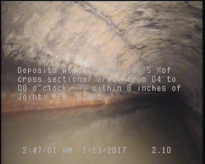 Deposits Attached Grease, 5 %of cross sectional area, from 04 to 08 o'clock, , within 8 inches of joint: YES, Start