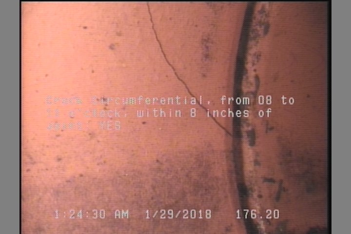 Crack Circumferential, from 08 to 11 o'clock, within 8 inches of joint: YES