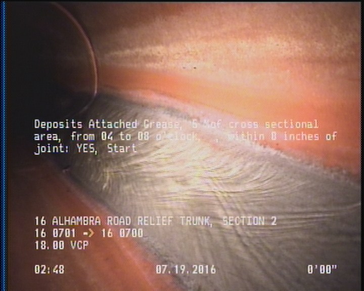 Deposits Attached Grease, 5 %of cross sectional area, from 04 to 08 o'clock, , within 8 inches of joint: YES, Start