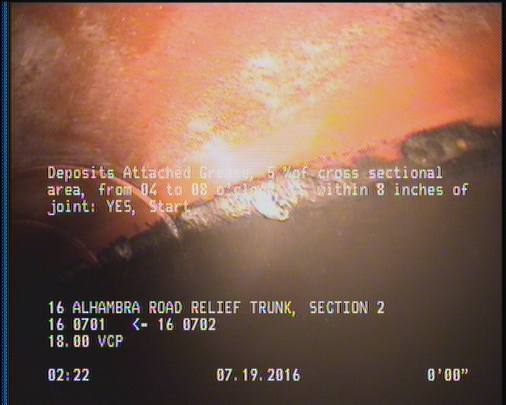 Deposits Attached Grease, 5 %of cross sectional area, from 04 to 08 o'clock, , within 8 inches of joint: YES, Start