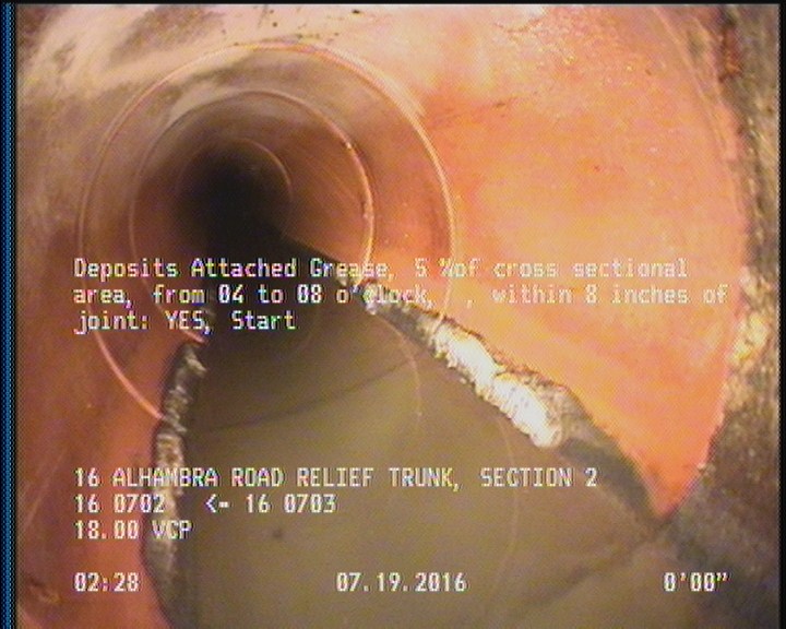 Deposits Attached Grease, 5 %of cross sectional area, from 04 to 08 o'clock, , within 8 inches of joint: YES, Start