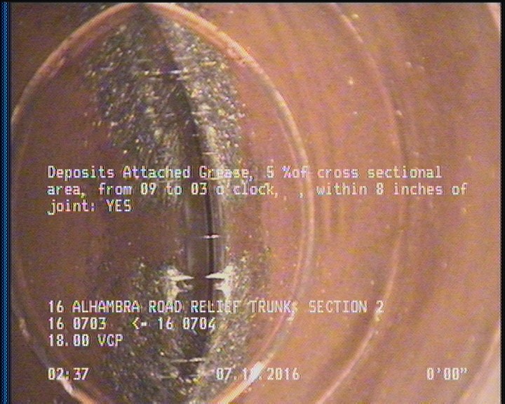 Deposits Attached Grease, 5 %of cross sectional area, from 09 to 03 o'clock, , within 8 inches of joint: YES