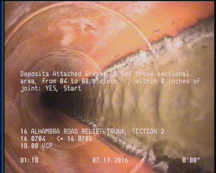 Deposits Attached Grease, 5 %of cross sectional area, from 04 to 08 o'clock, , within 8 inches of joint: YES, Start