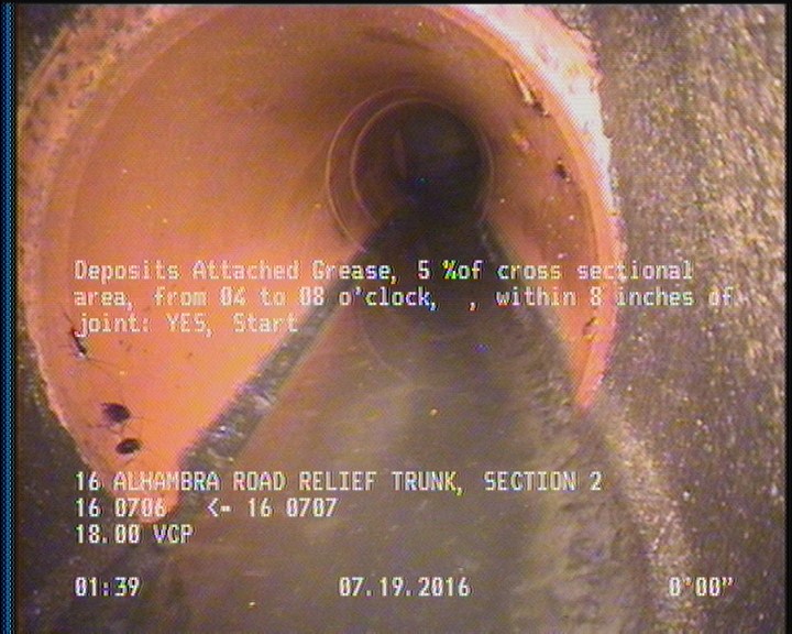 Deposits Attached Grease, 5 %of cross sectional area, from 04 to 08 o'clock, , within 8 inches of joint: YES, Start