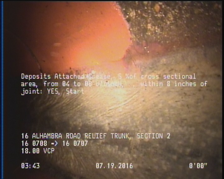 Deposits Attached Grease, 5 %of cross sectional area, from 04 to 08 o'clock, , within 8 inches of joint: YES, Start