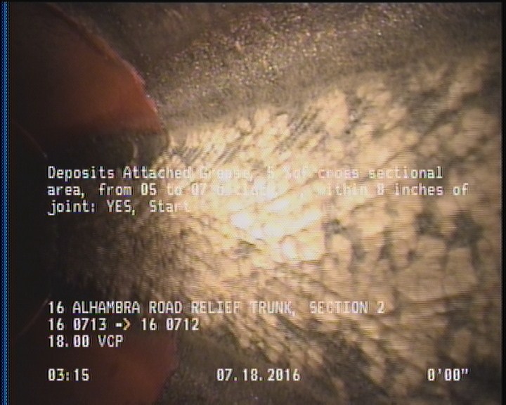 Deposits Attached Grease, 5 %of cross sectional area, from 05 to 07 o'clock, , within 8 inches of joint: YES, Start