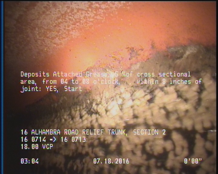 Deposits Attached Grease, 5 %of cross sectional area, from 04 to 08 o'clock, , within 8 inches of joint: YES, Start