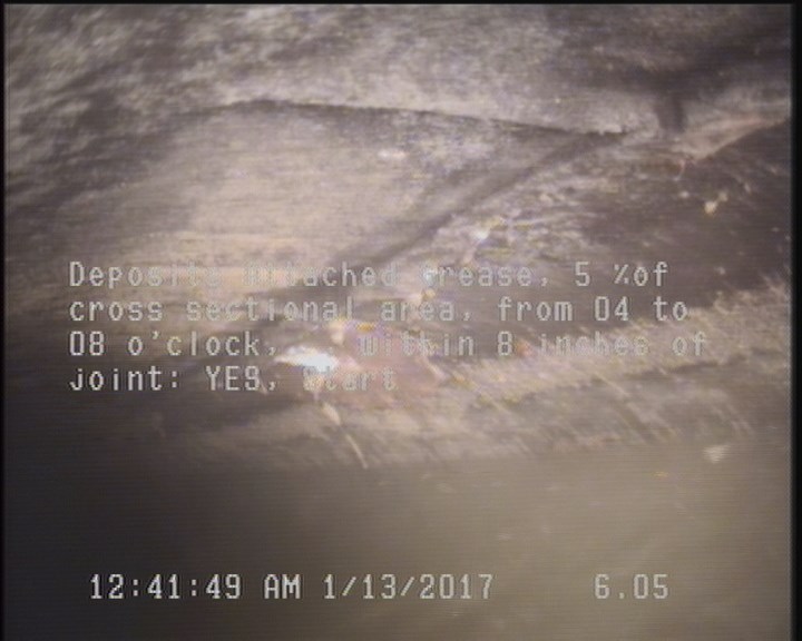 Deposits Attached Grease, 5 %of cross sectional area, from 03 to 09 o'clock, , within 8 inches of joint: YES, Start