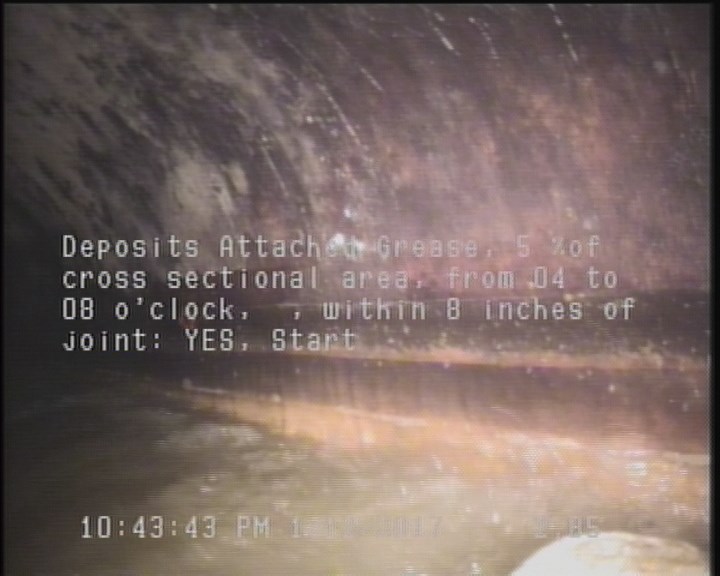 Deposits Attached Grease, 5 %of cross sectional area, from 04 to 08 o'clock, , within 8 inches of joint: YES, Start