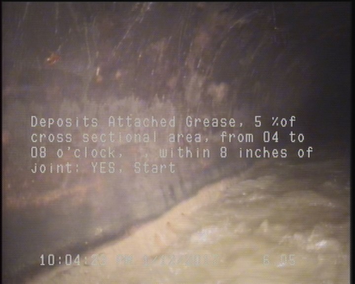 Deposits Attached Grease, 5 %of cross sectional area, from 04 to 08 o'clock, , within 8 inches of joint: YES, Start