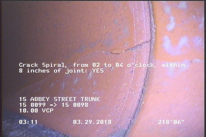 Crack Spiral, from 02 to 04 o'clock, within 8 inches of joint: YES