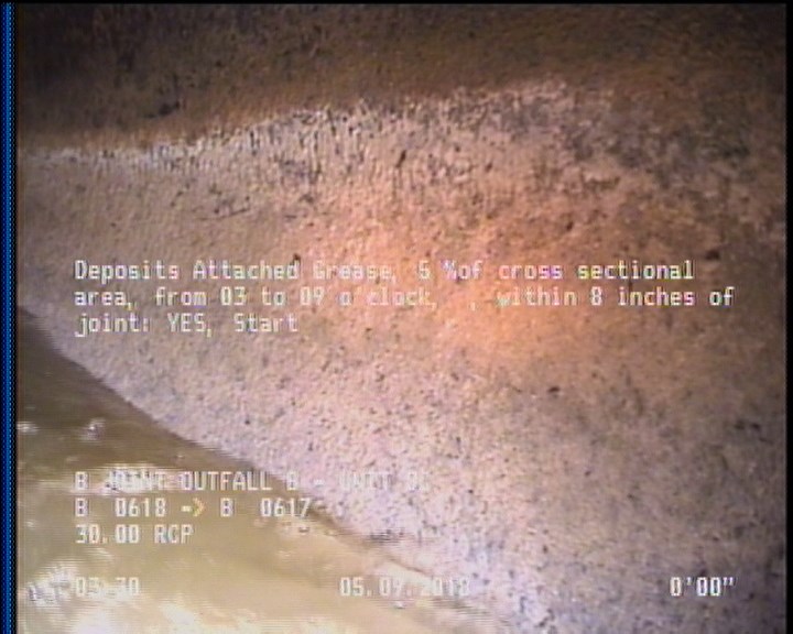 Deposits Attached Grease, 5 %of cross sectional area, from 03 to 09 o'clock, , within 8 inches of joint: YES, Start