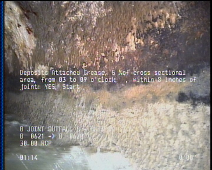 Deposits Attached Grease, 5 %of cross sectional area, from 03 to 09 o'clock, , within 8 inches of joint: YES, Start