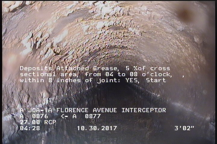 Deposits Attached Grease, 5 %of cross sectional area, from 04 to 08 o'clock, , within 8 inches of joint: YES, Start