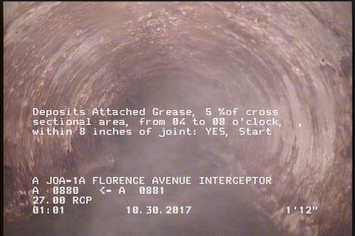 Deposits Attached Grease, 5 %of cross sectional area, from 04 to 08 o'clock, , within 8 inches of joint: YES, Start