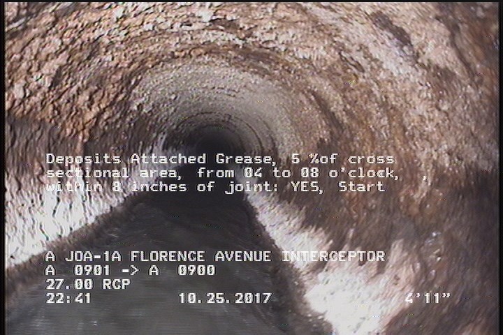 Deposits Attached Grease, 5 %of cross sectional area, from 04 to 08 o'clock, , within 8 inches of joint: YES, Start