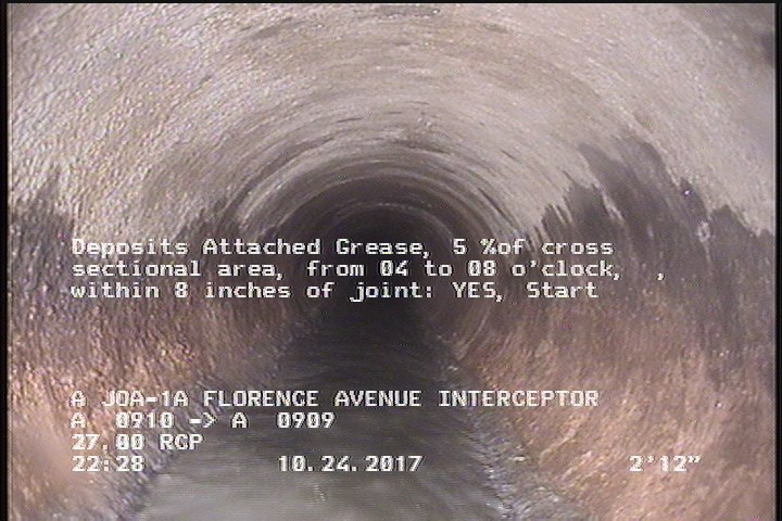 Deposits Attached Grease, 5 %of cross sectional area, from 04 to 08 o'clock, , within 8 inches of joint: YES, Start