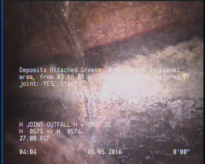 Deposits Attached Grease, 5 %of cross sectional area, from 03 to 09 o'clock, , within 8 inches of joint: YES, Start
