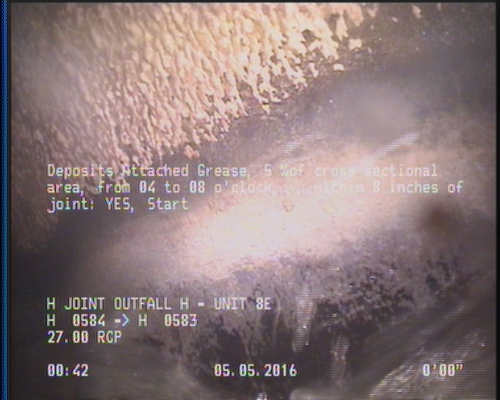 Deposits Attached Grease, 5 %of cross sectional area, from 04 to 08 o'clock, , within 8 inches of joint: YES, Start