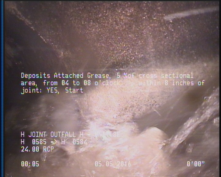 Deposits Attached Grease, 5 %of cross sectional area, from 04 to 08 o'clock, , within 8 inches of joint: YES, Start