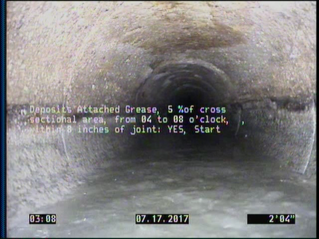 Deposits Attached Grease, 5 %of cross sectional area, from 04 to 08 o'clock, , within 8 inches of joint: YES, Start