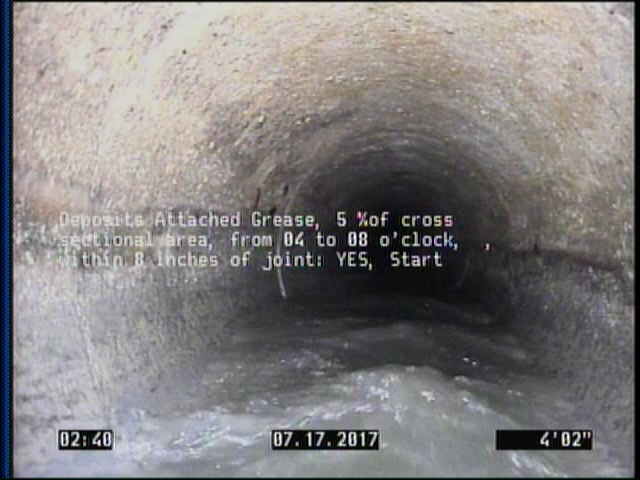 Deposits Attached Grease, 5 %of cross sectional area, from 04 to 08 o'clock, , within 8 inches of joint: YES, Start