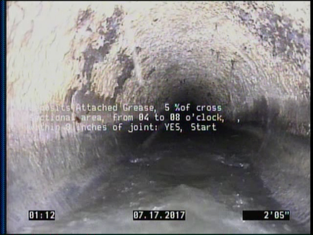 Deposits Attached Grease, 5 %of cross sectional area, from 04 to 08 o'clock, , within 8 inches of joint: YES, Start