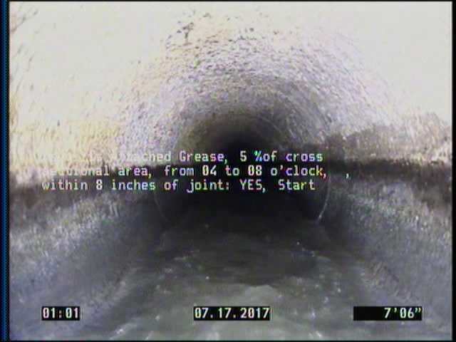 Deposits Attached Grease, 5 %of cross sectional area, from 04 to 08 o'clock, , within 8 inches of joint: YES, Start