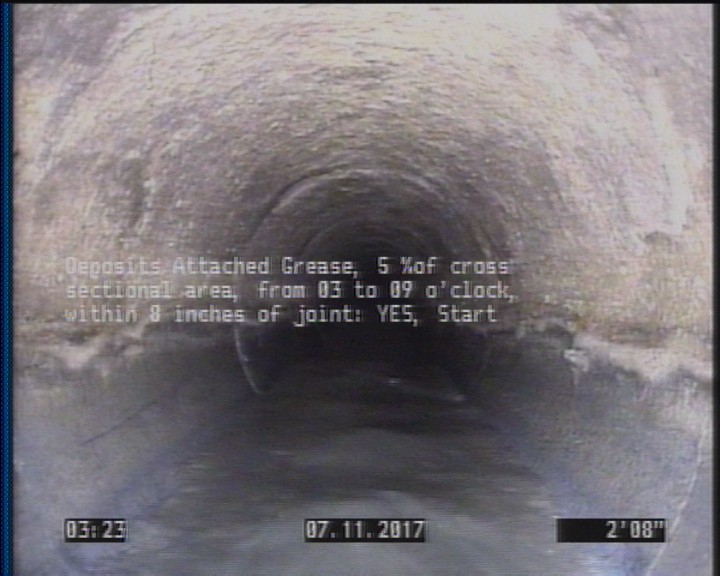 Deposits Attached Grease, 5 %of cross sectional area, from 03 to 09 o'clock, , within 8 inches of joint: YES, Start