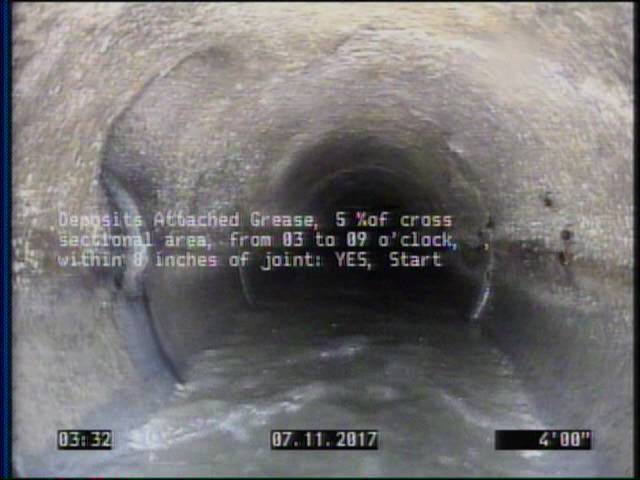 Deposits Attached Grease, 5 %of cross sectional area, from 03 to 09 o'clock, , within 8 inches of joint: YES, Start