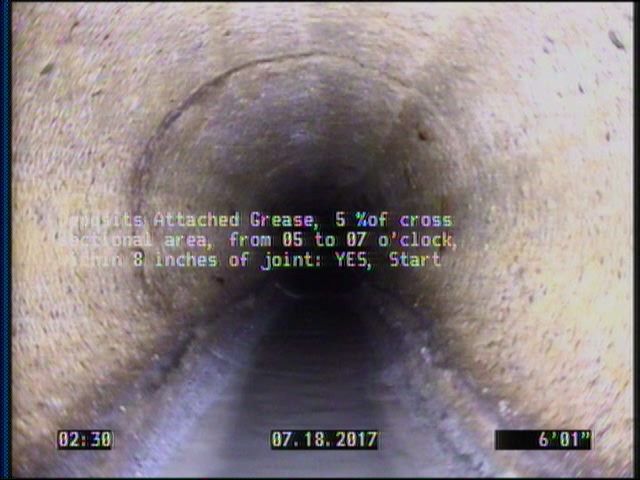 Deposits Attached Grease, 5 %of cross sectional area, from 05 to 07 o'clock, , within 8 inches of joint: YES, Start